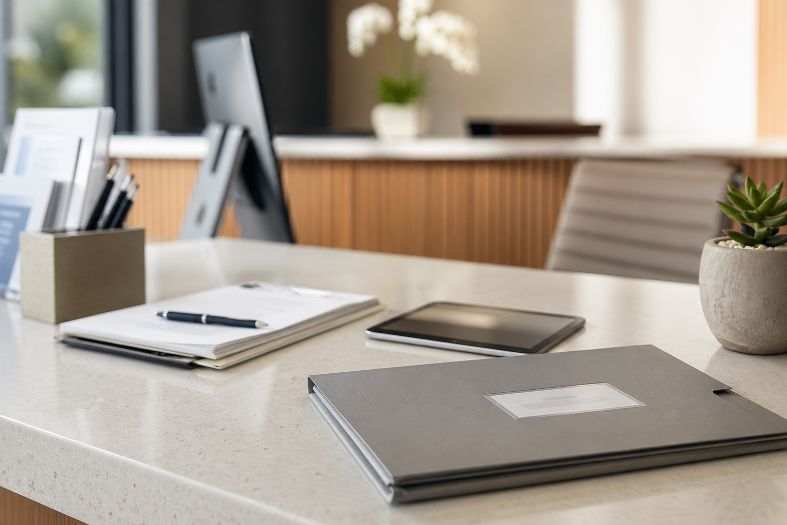Premium clinic administration and privacy documentation desk