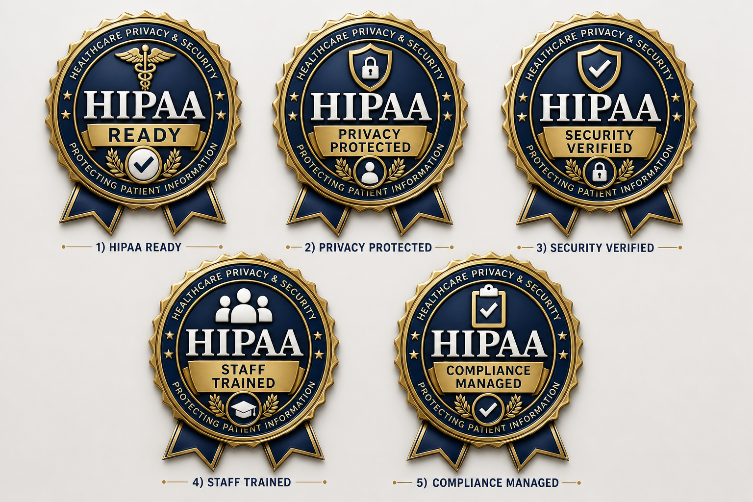Compliance Clinics legacy badge family showing HIPAA-ready operations, audit-ready documentation, workforce trained, vendor oversight, and telehealth covered badges